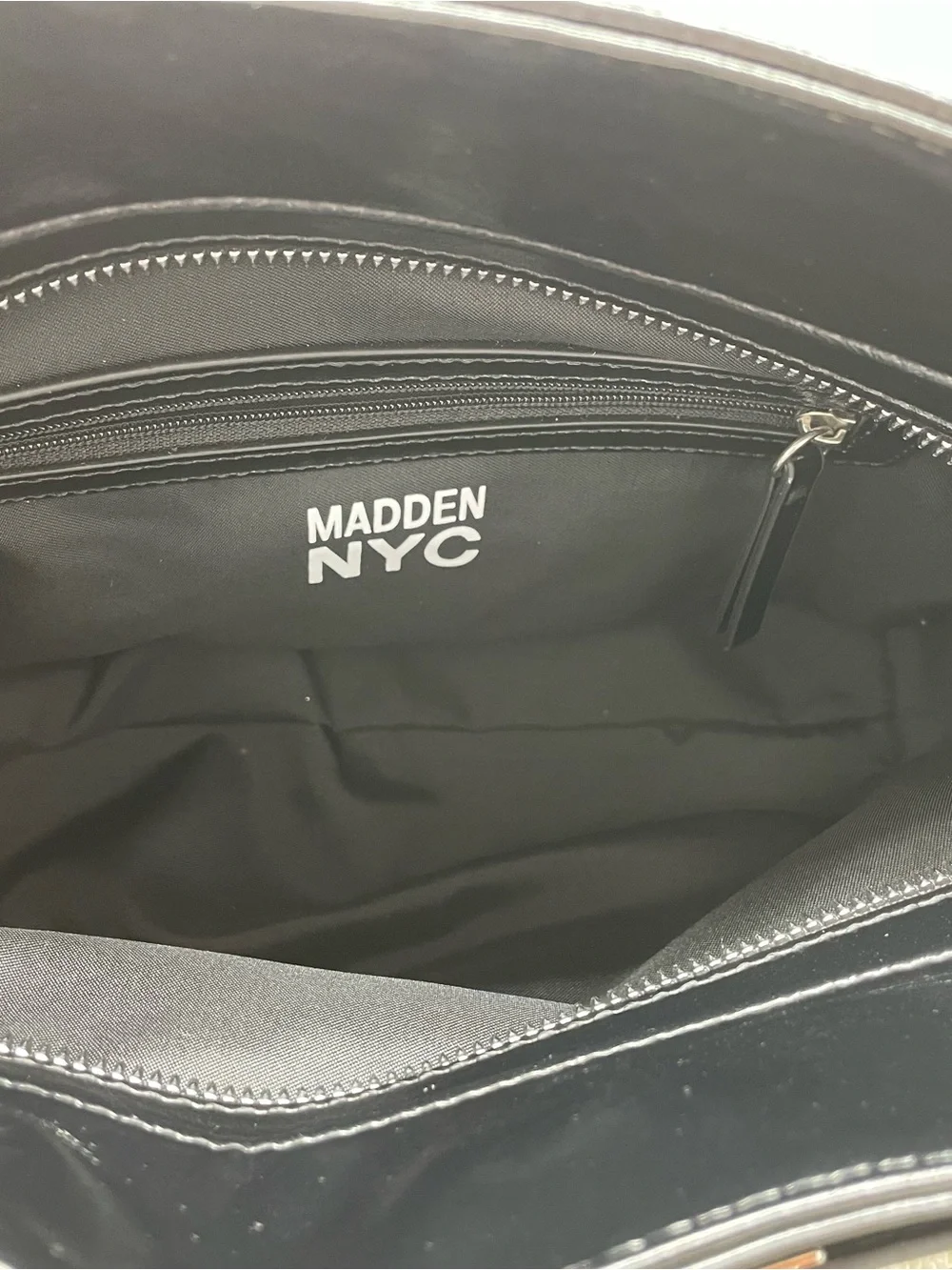 Steve Madden/ Madden NYC Black Patent Satchel with Branded Strap and Coin Pouch